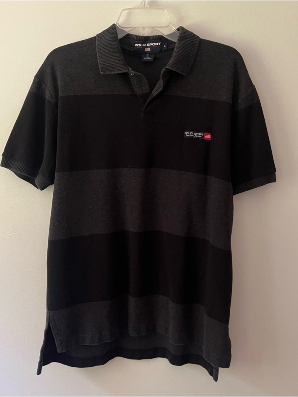 Men's Ralph Lauren Polo Sport Short Sleeve Collared Shirt Large Black Stripe